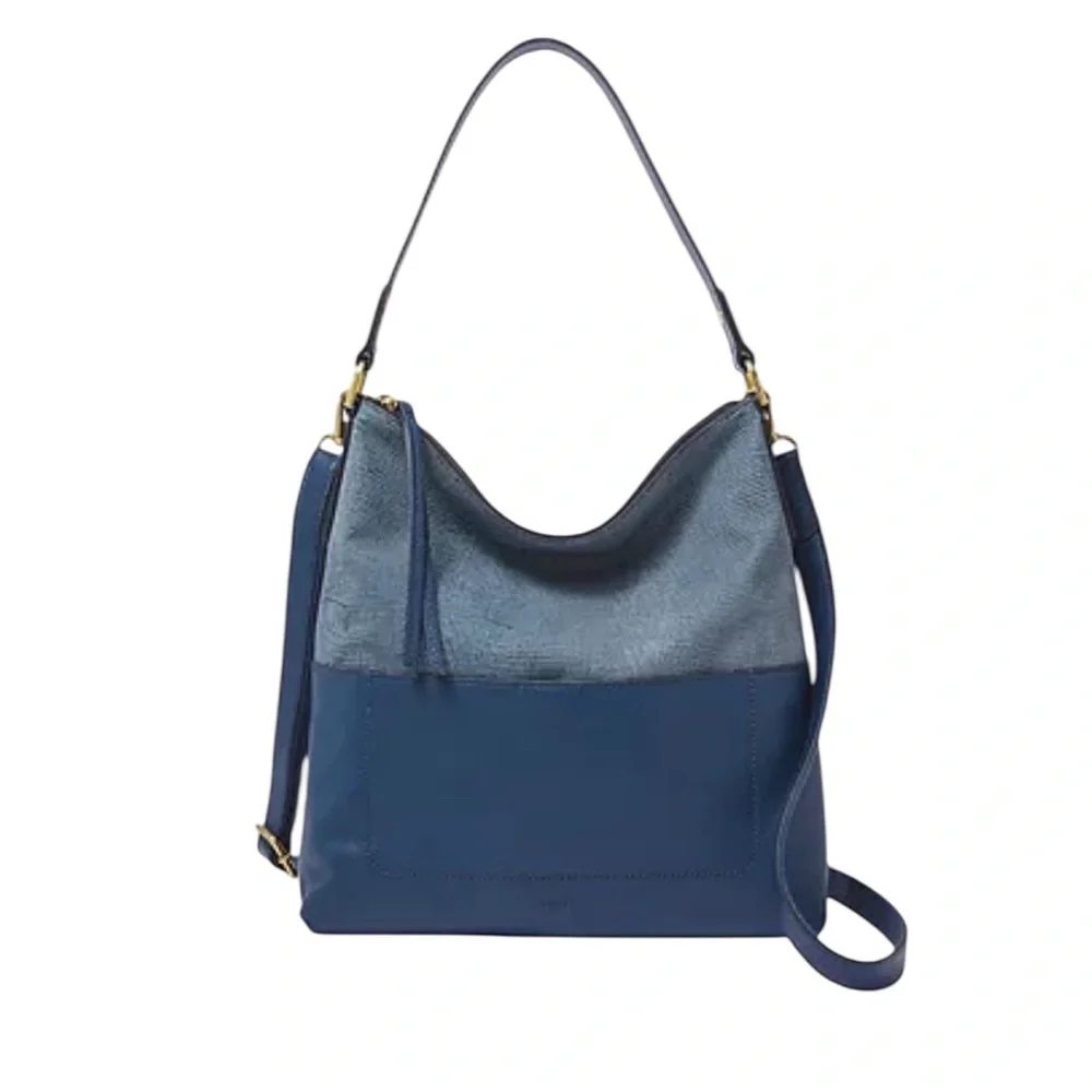 Fossil Amelia Hobo Shoulder Bag Cow Hide Leather‎ Twilight Blue Gold Hardware
